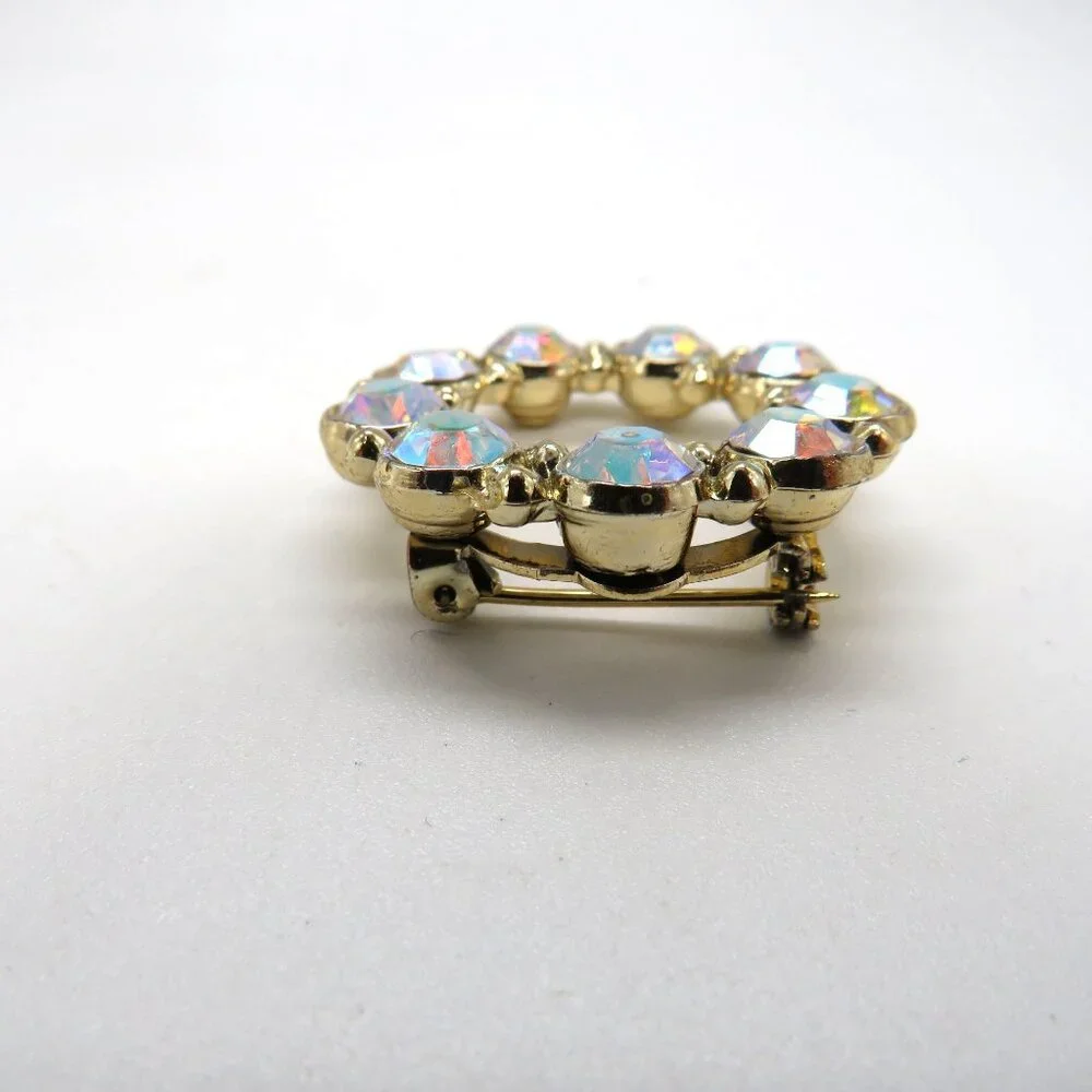 Vintage Brooch Aurora Borealis Crystal‎ Circle Brooch Gold Tone Pin